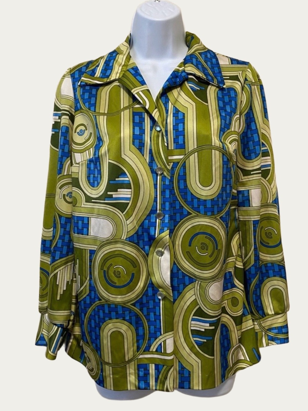 Pykettes Vintage Green Long Sleeve Button Down Shirt Disco Dagger Collar 1970s